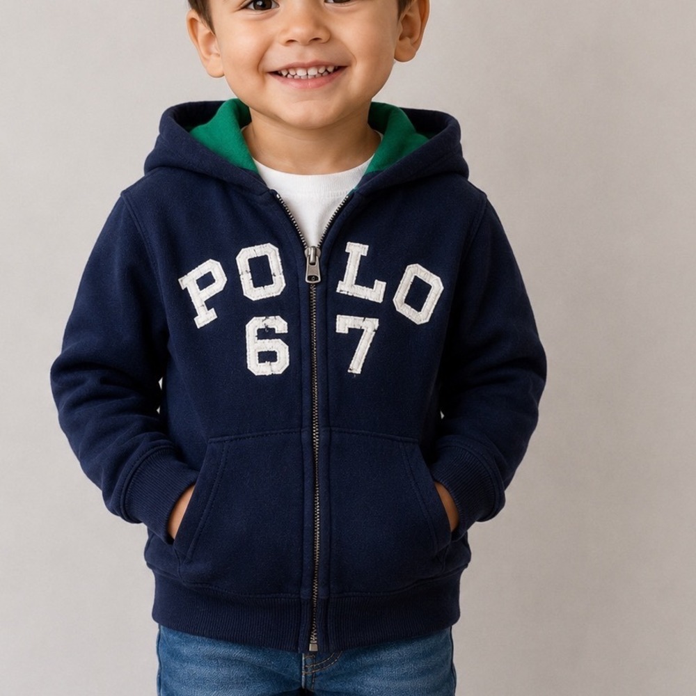 Polo Ralph Lauren Boys Navy Blue Zip Up Hoodie Green Lining Polo 67 Size 2T